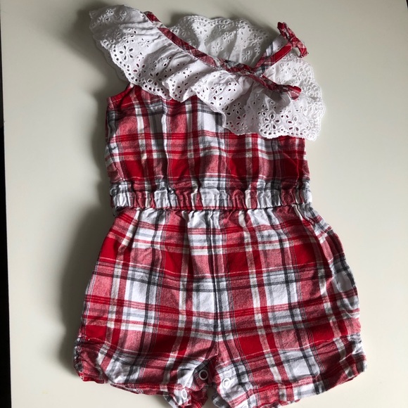 9-12M Girls: Red & White Plaid Romper - Picture 1 of 5